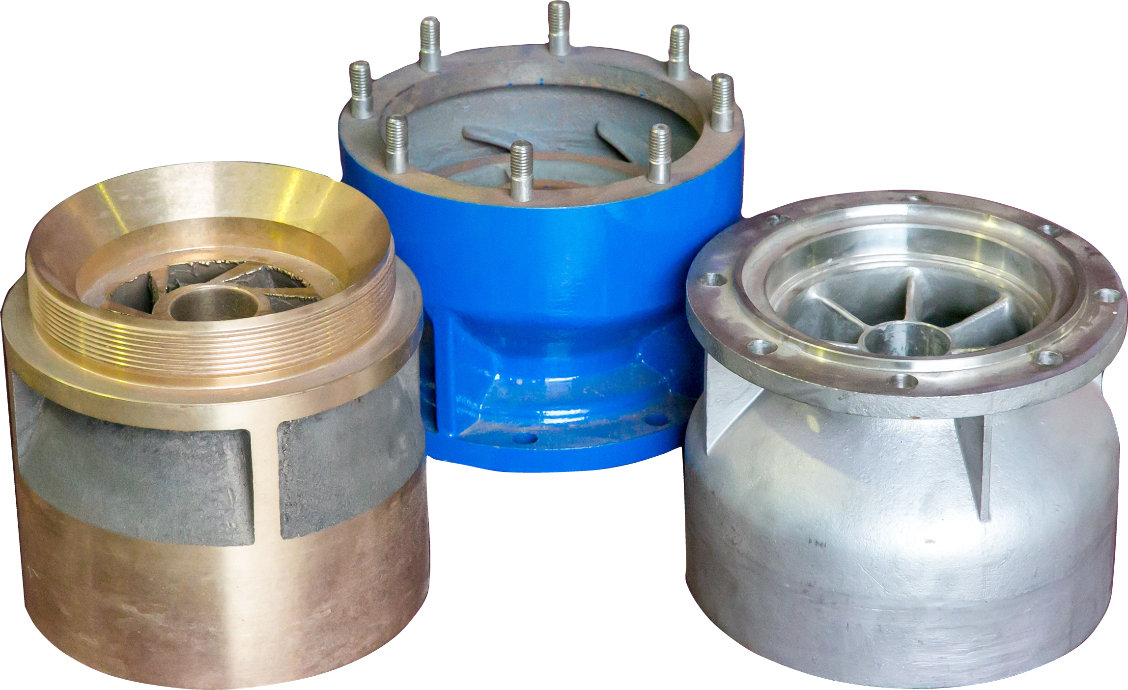 Brass, blue, and silver pump parts
