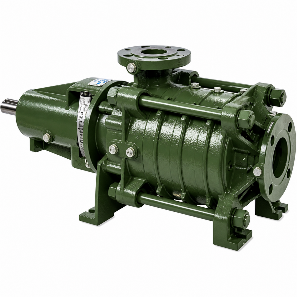 Metal pump with flanges and bolts