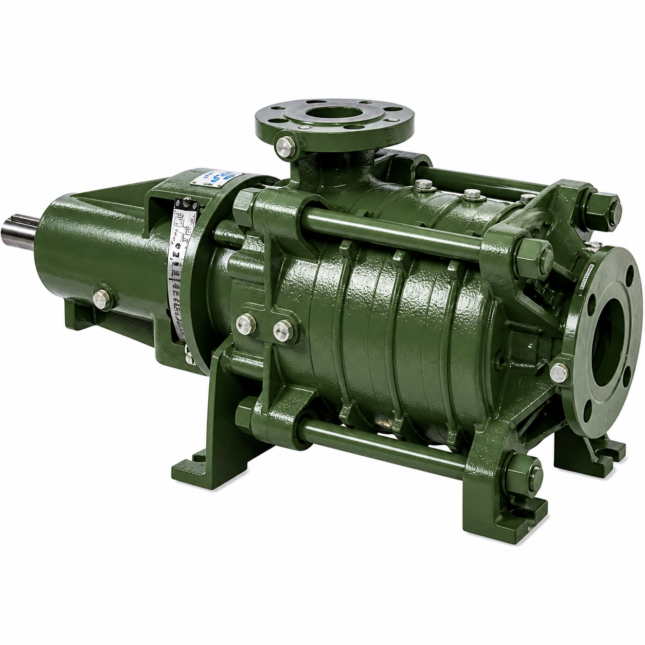 Metal pump with flanges and bolts